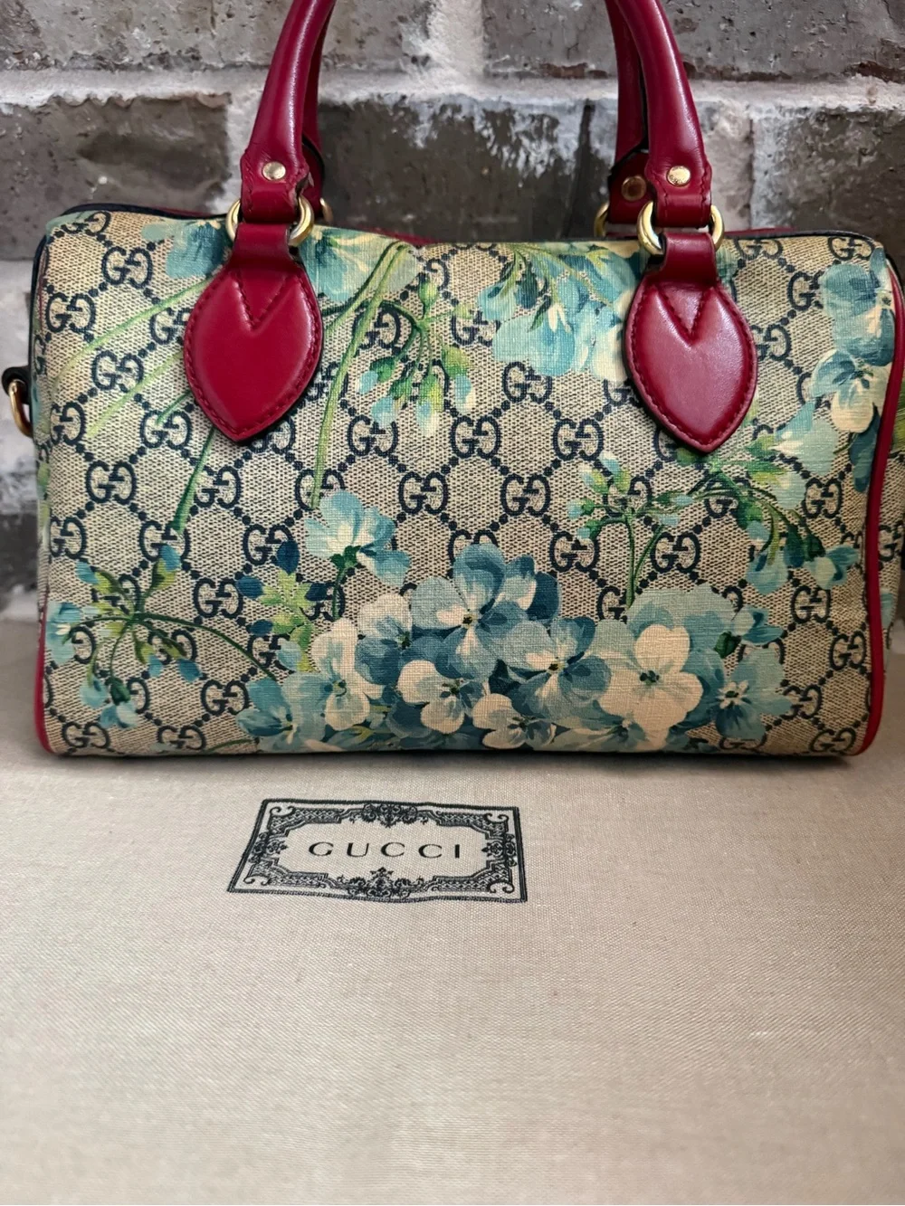 Gucci Floral GG Supreme Canvas Satchel with Red Leather Trim